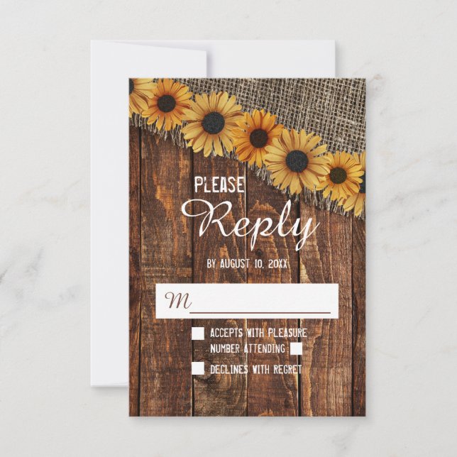 Rustic Wood & Burlap Sunflower Wedding Reply RSVP Card (Front)