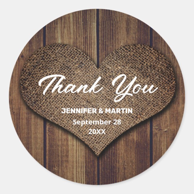 Rustic Wood Burlap Wedding Thank You Favour Classic Round Sticker (Front)