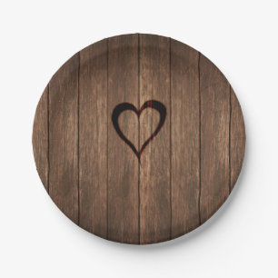 Rustic Wood Burned Heart Print Paper Plate