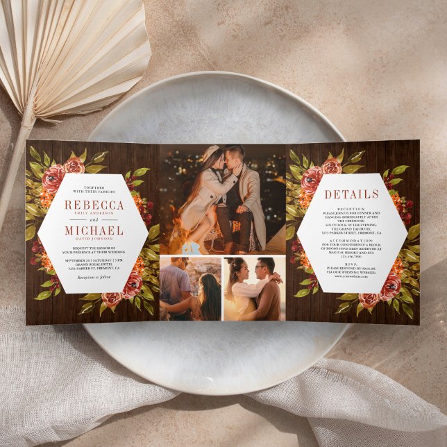 Rustic Wood Burnt Orange Floral Photo Wedding Tri-Fold Invitation (Creator Uploaded)