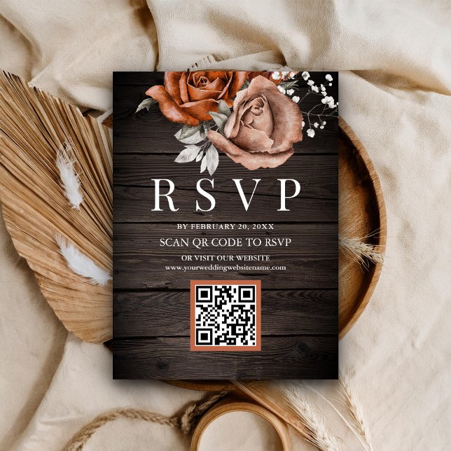 Rustic Wood Burnt Orange Rose QR Code RSVP Wedding Enclosure Card (Creator Uploaded)