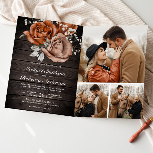 Rustic Wood Burnt Orange Rose QR Code Wedding Invitation