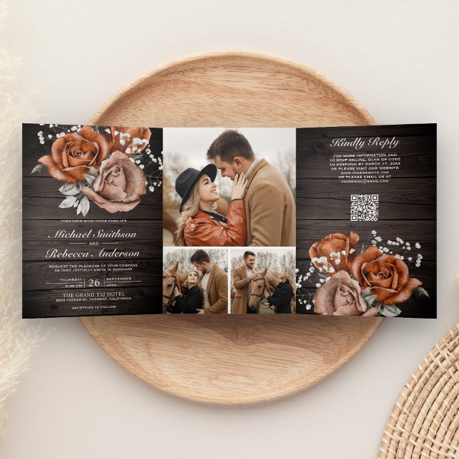 Rustic Wood Burnt Orange Rose QR Code Wedding Tri-Fold Invitation (Creator Uploaded)
