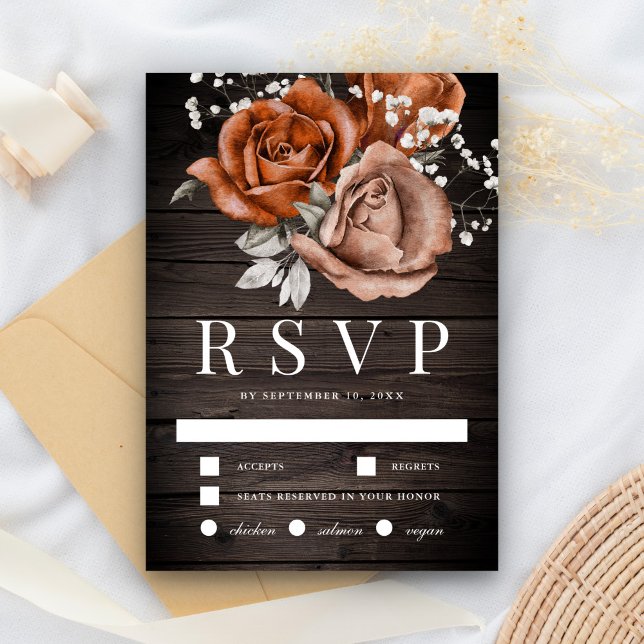 Rustic Wood Burnt Orange Rose Terracotta Wedding RSVP Card (Creator Uploaded)