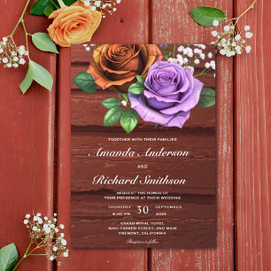Rustic Wood Burnt Orange Rose Wedding Invitation