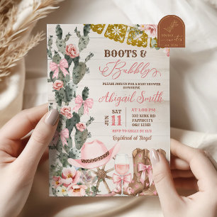 Rustic Wood Cactus Boots and Bubbly Bridal Shower Invitation