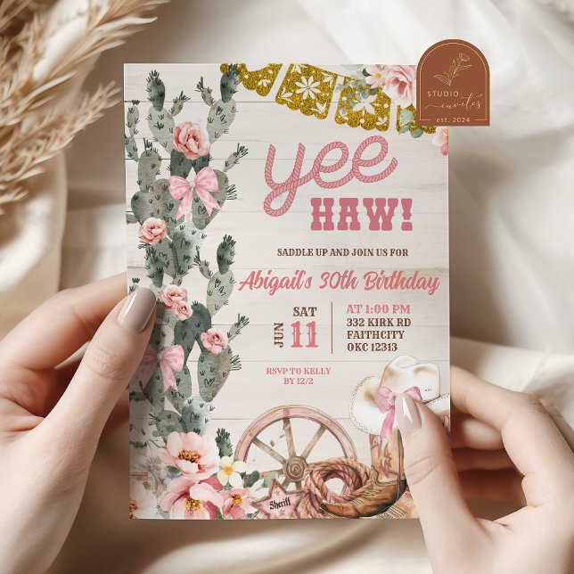 Rustic Wood Cactus Pink Rodeo Birthday Invitation (Creator Uploaded)
