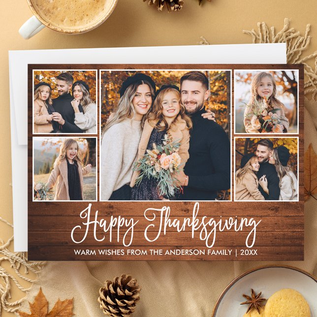 Rustic Wood Calligraphy 5 Photos Thanksgiving Holiday Card (Customize to add more text or photos to back of card.)