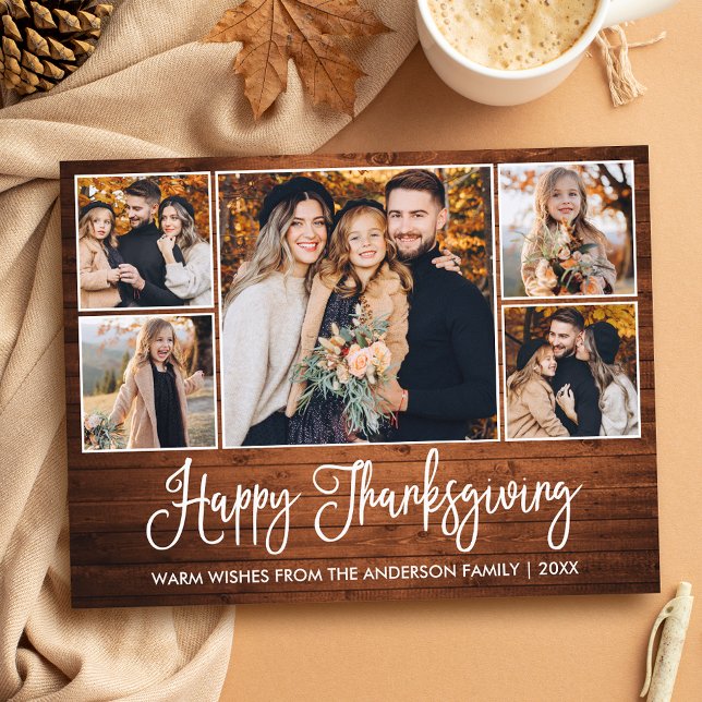 Rustic Wood Calligraphy 5 Photos Thanksgiving Postcard (Customize to change your personalized text size or text style.)