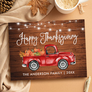 Rustic Wood Calligraphy Lights Truck Thanksgiving Postcard