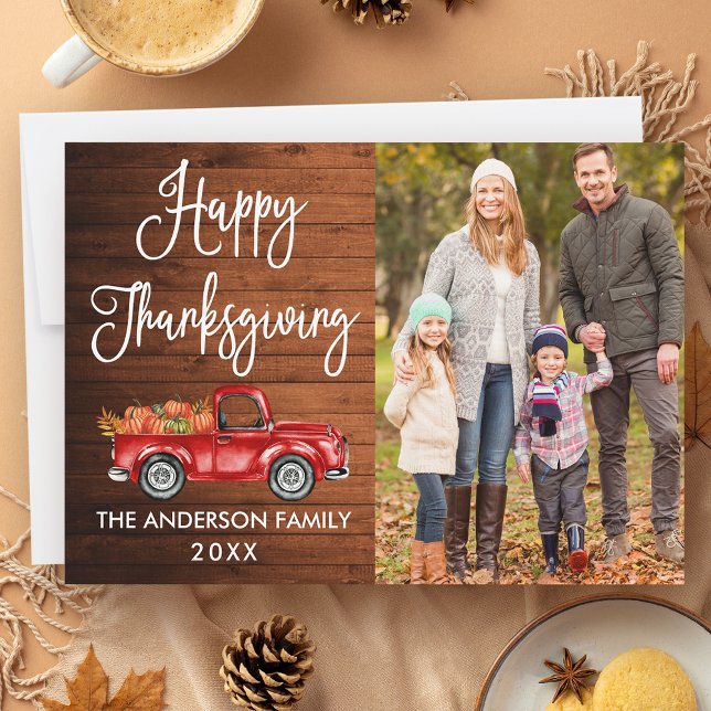Rustic Wood Calligraphy Photo Thanksgiving Truck Holiday Card (Customize to add more text or photos to back of card.)
