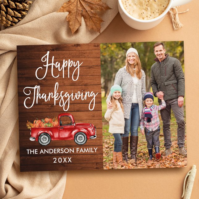 Rustic Wood Calligraphy Photo Thanksgiving Truck  Postcard (Customize to change your personalized text size or text style.)