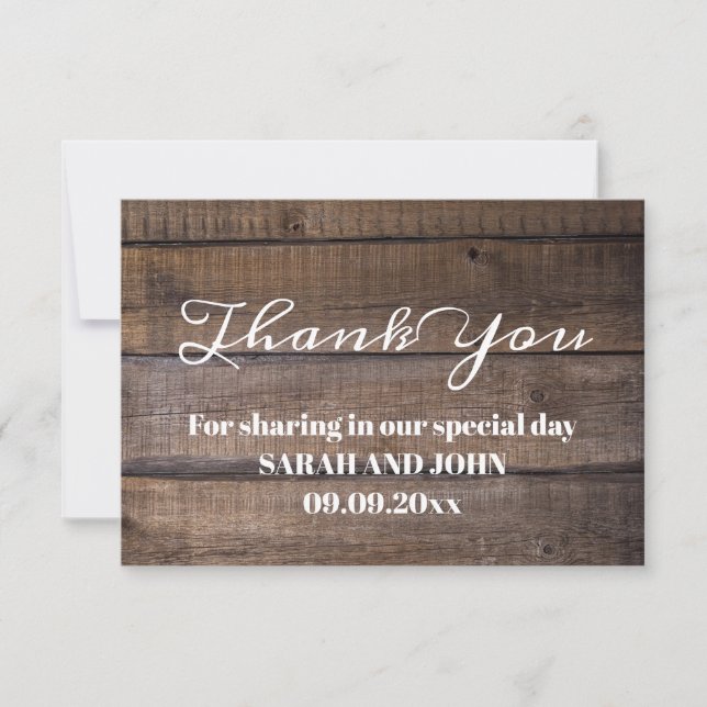 Rustic Wood Calligraphy Wedding Thank You Card (Front)