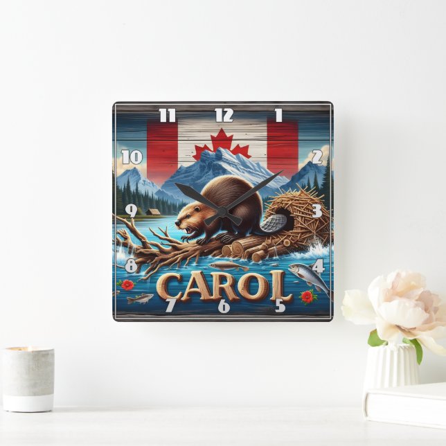 Rustic Wood, Canadian Beaver, Ocean Square Wall Clock (Home)
