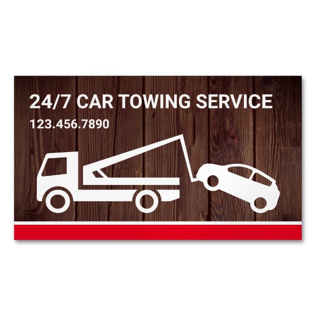 Rustic Wood Car Towing Service Tow Truck Magnetic Business Card (Front)