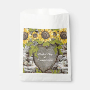 Rustic wood carved names bride groom Sunflower Favour Bags