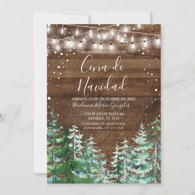 Rustic Wood Cena De Navidad Pine Trees Christmas Invitation (Front)