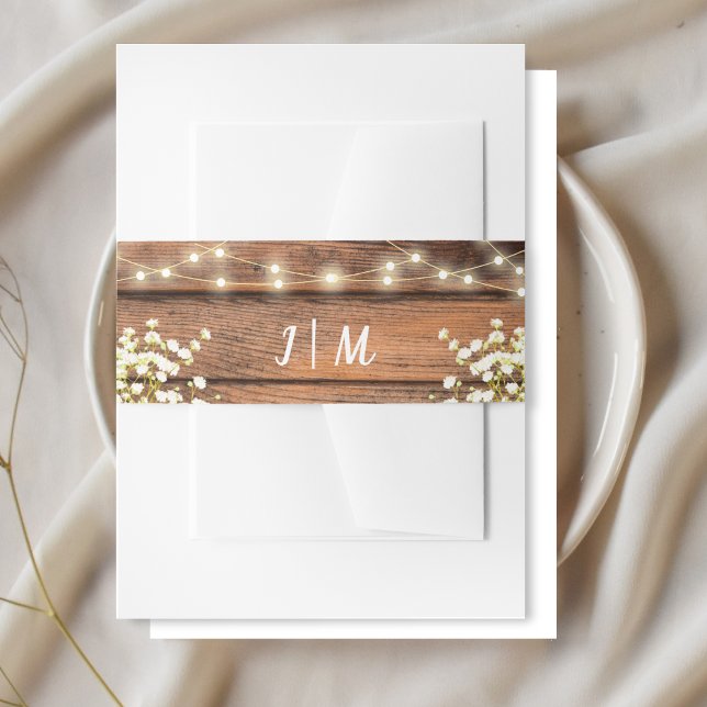 Rustic Wood Chic Baby's Breath & String Lights Invitation Belly Band (Creator Uploaded)