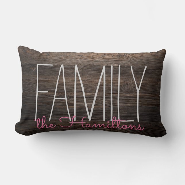Rustic  wood Chic Family Monogram IN PINK Lumbar Cushion (Front)