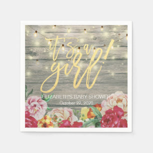 Rustic Wood Chic Floral String Lights Baby Shower Napkin