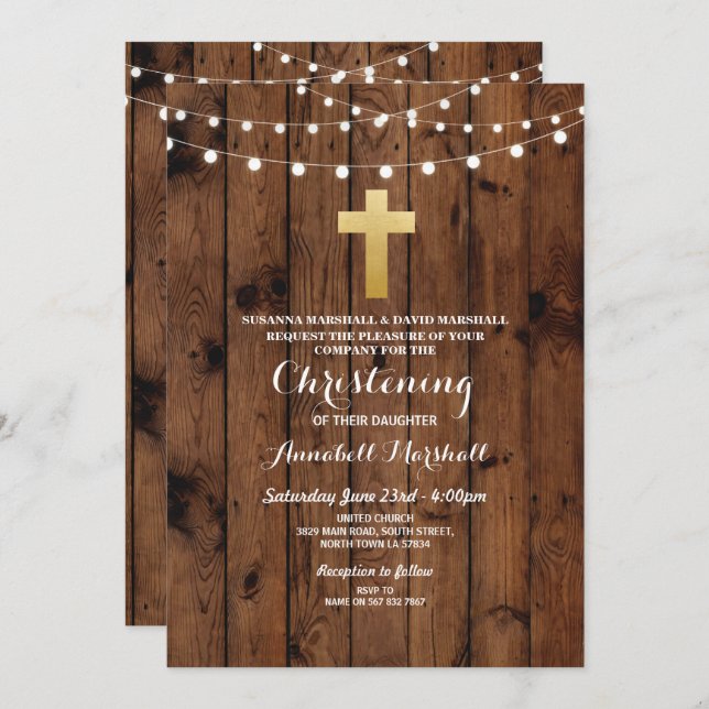 Rustic Wood Christening or Baptism Gold Cross Invitation (Front/Back)