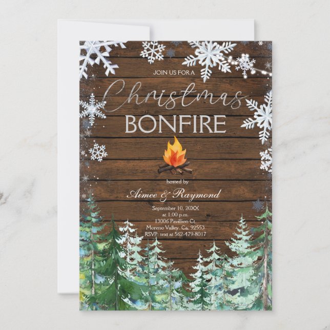 Rustic Wood Christmas Bonfire Invitation  (Front)