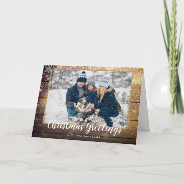 Rustic Wood Christmas Greetings Photo Country Holiday Card (Front)