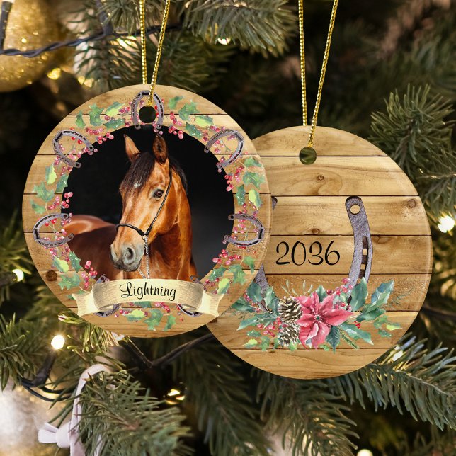 Rustic Wood Christmas Horse Photo Personalised Ceramic Tree Decoration (Creator Uploaded)