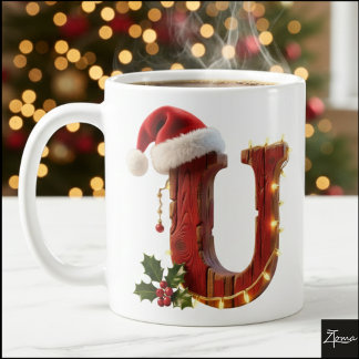 Rustic Wood Christmas Letter U String Lights Coffee Mug