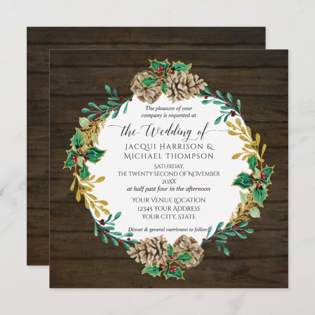 Rustic Wood Christmas Pine Cone Greenery Wedding Invitation (Front/Back)