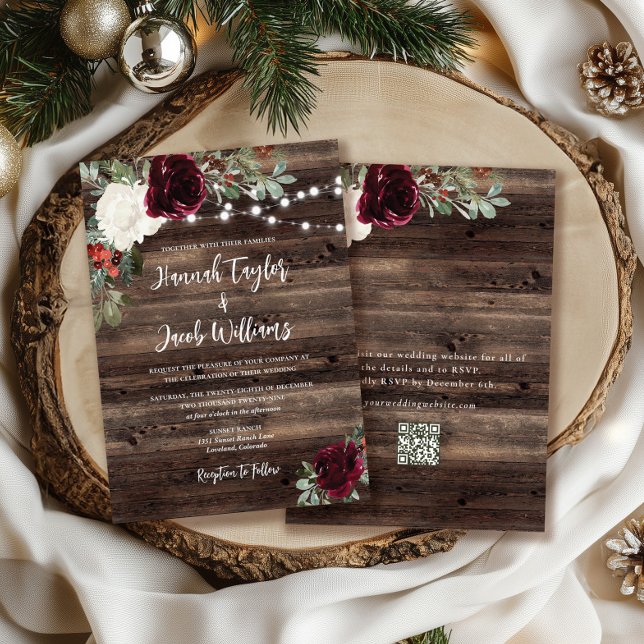 Rustic Wood Christmas QR Code Wedding  Invitation (Creator Uploaded)