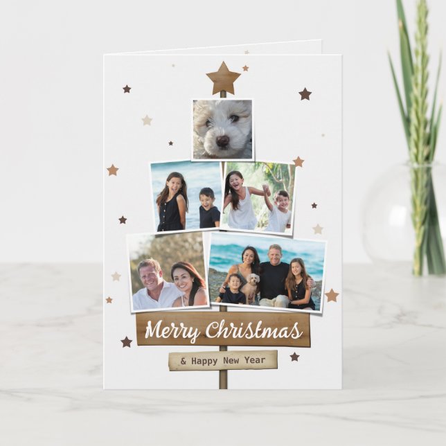 Rustic Wood Christmas Tree | 5 Photos Collage Card (Front)