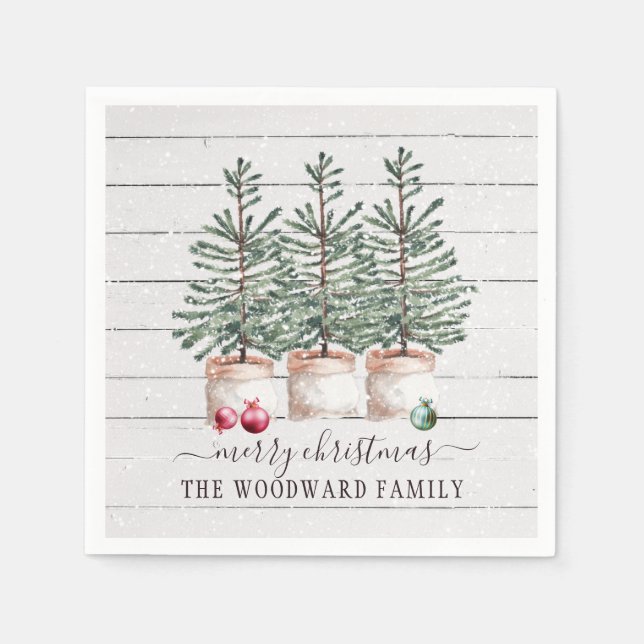 Rustic Wood Christmas Trees Family Name  Napkin (Front)