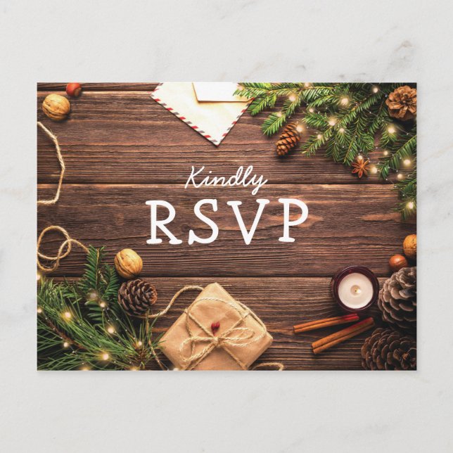 Rustic Wood Christmas Winter RSVP Invitation Postcard (Front)