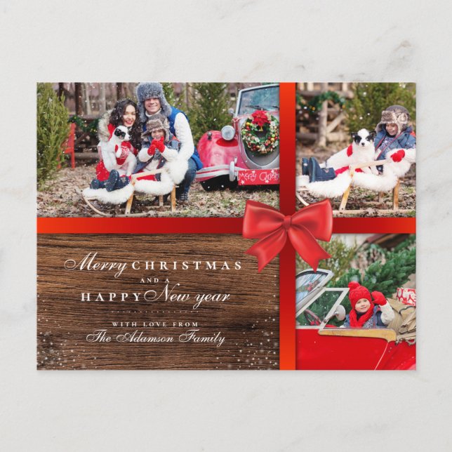Rustic Wood & Christmas Wrapping | 3 Photo Collage Postcard (Front)