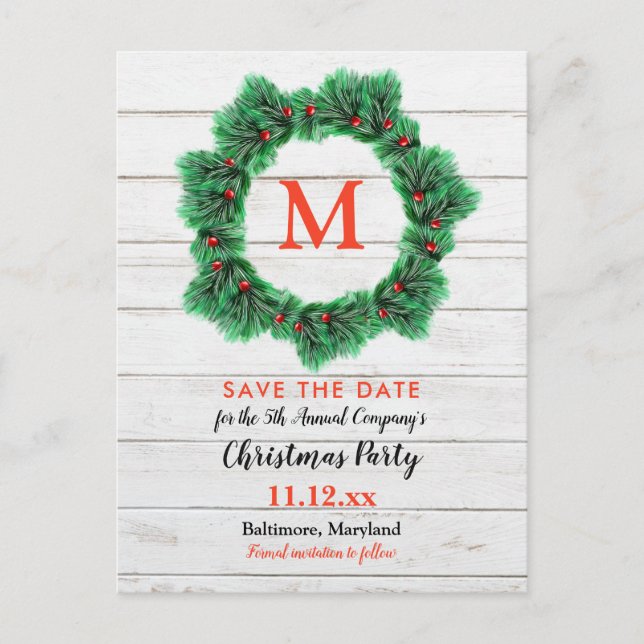 Rustic Wood Christmas Wreath | Holiday Party Announcement Postcard (Front)