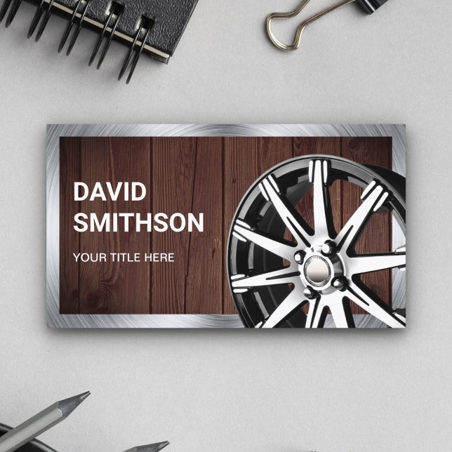 Rustic Wood Chrome Car Alloy Wheel Rim Mechanic Business Card (Creator Uploaded)