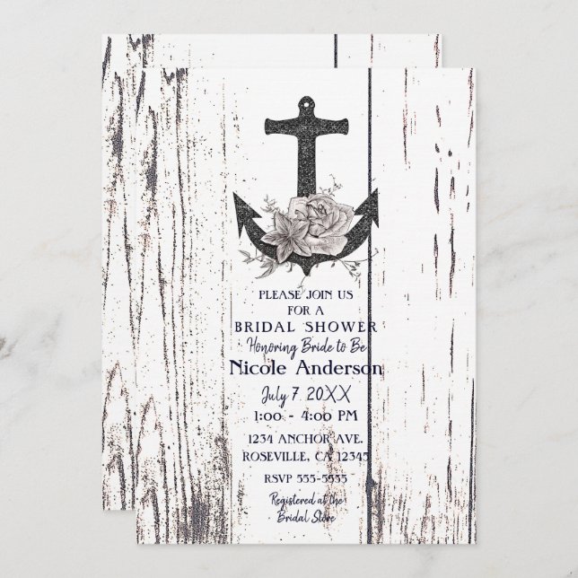 Rustic Wood Coastal Beach Anchor Bridal Shower Invitation (Front/Back)
