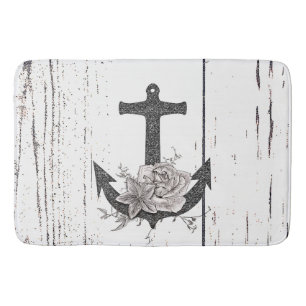 Rustic Wood Coastal Beach Anchor Vintage Floral Bath Mat