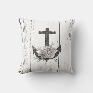 Rustic Wood Coastal Beach Anchor Vintage Floral Cushion