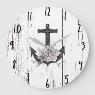 Rustic Wood Coastal Beach Anchor Vintage Floral Large Clock