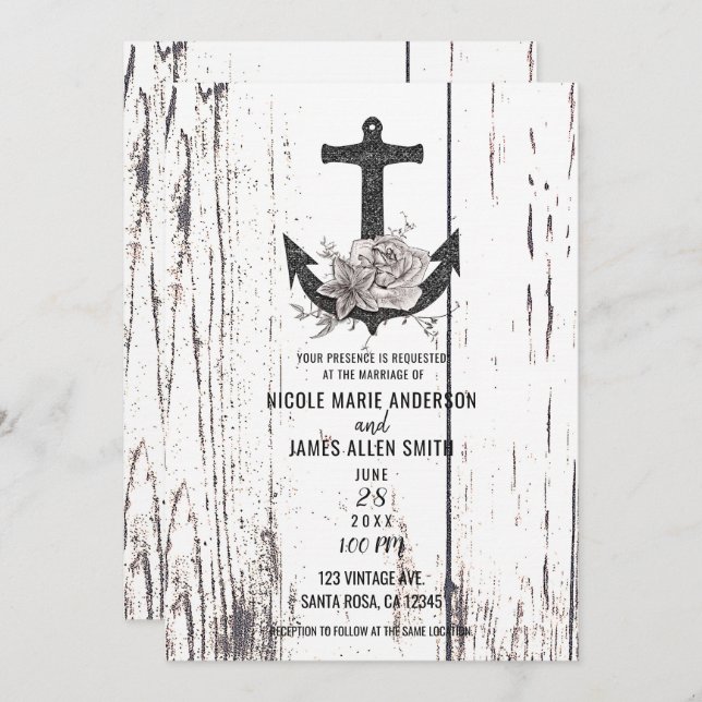 Rustic Wood Coastal Beach Anchor Wedding Invitation (Front/Back)