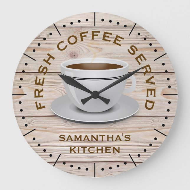 Rustic Wood Coffee Theme Farmhouse Name Kitchen  Large Clock (Front)