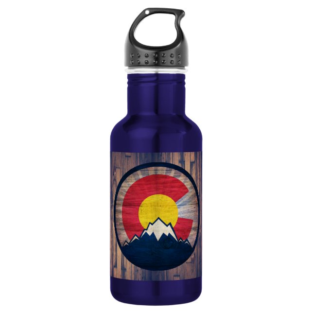 Rustic wood Colorado mountains water bottle (Front)