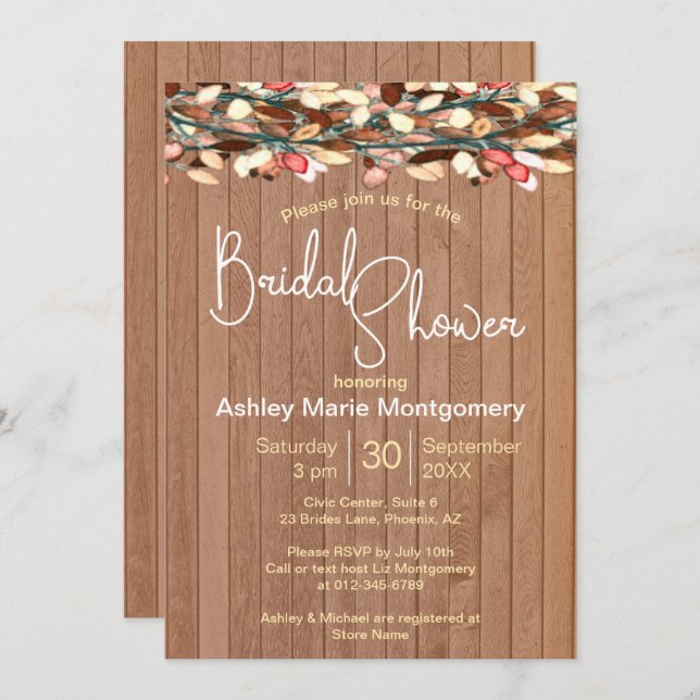 Rustic Wood Colourful Leaves Bridal Shower Invitation (Front/Back)