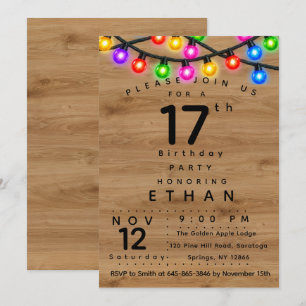 Rustic Wood Colourful String Lights Birthday Party Invitation