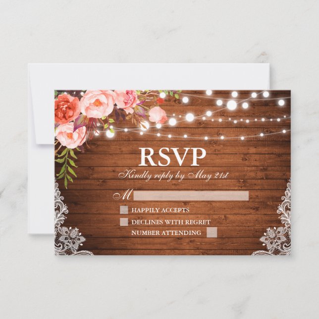 Rustic Wood Coral Floral Lights Lace Wedding RSVP Card (Front)