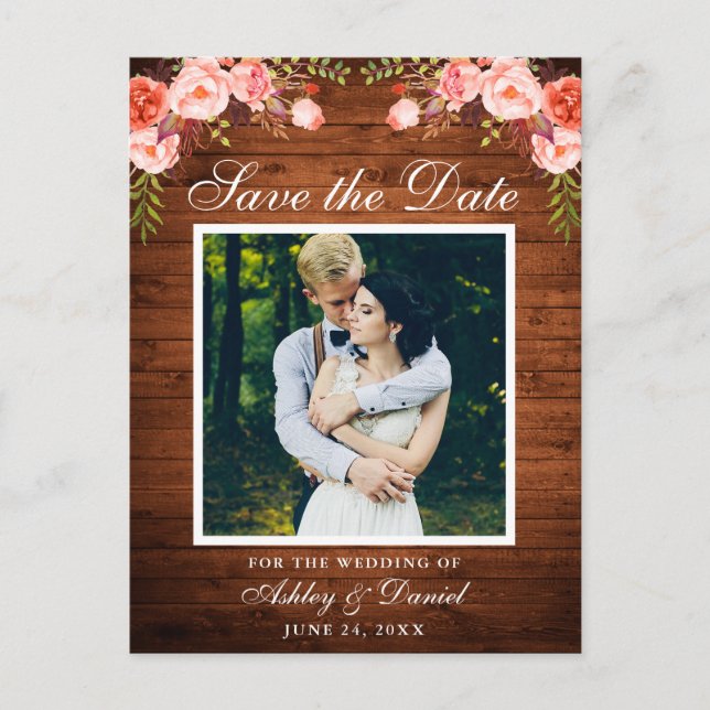 Rustic Wood Coral Floral Save the Date Photo Announcement Postcard (Front)