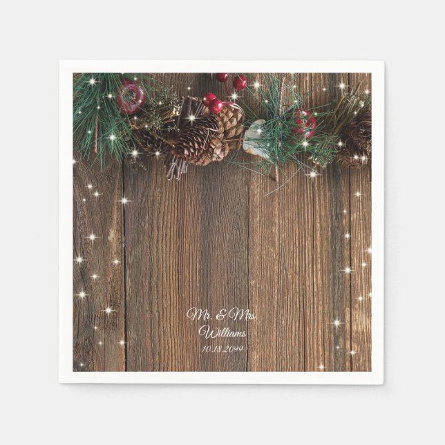 Rustic Wood Country Christmas Pine Garland Sparkle Napkin (Front)