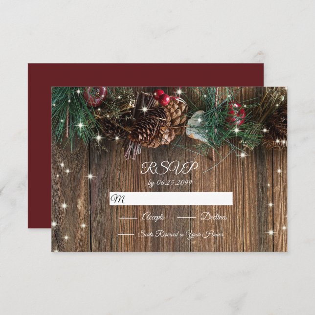 Rustic Wood Country Christmas Pine Garland Sparkle RSVP Card (Front/Back)